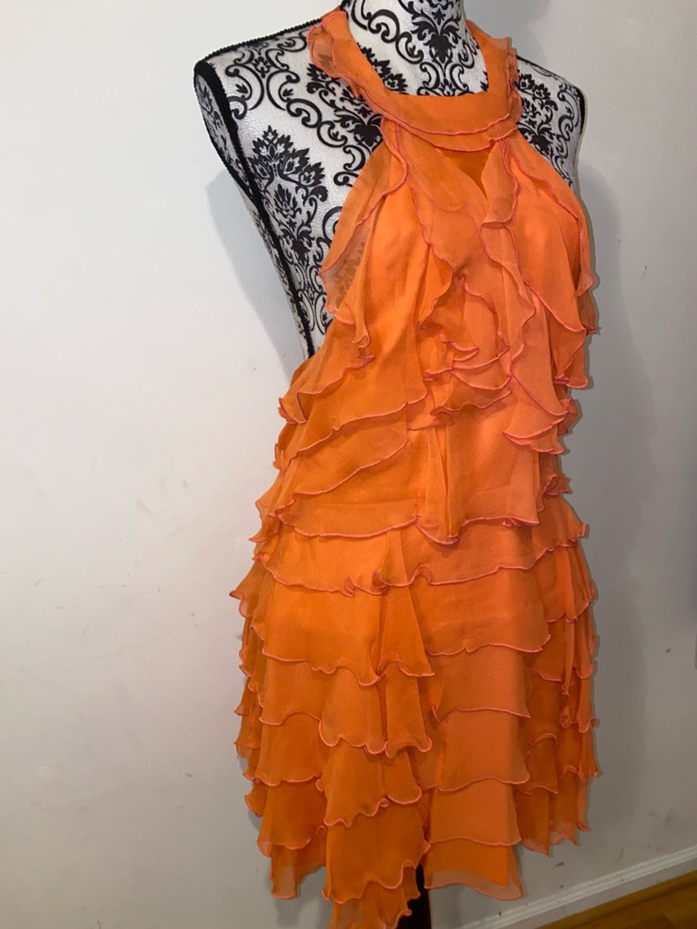 Alice + Olivia Coral Silk Chiffon Tiered Ruffle Halter Mini Dress Size Large - Picture 3 of 15